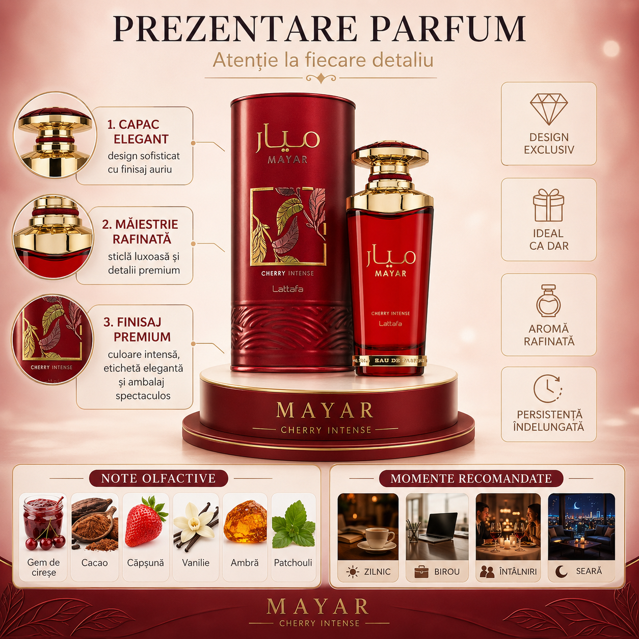 Parfum arabesc Lattafa Mayar Cherry Intense EDP 100 ml pentru damă, flacon roșu elegant cu detalii aurii